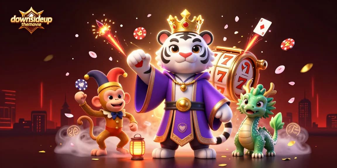 ayunkan keberuntungan dengan permainan kasino dalam downsideupthemovie, sambil duduk bersama harimau dan monyet jester.