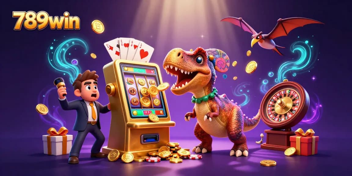 In 789win, a cartoon dinosaur wins jackpots spilling golden coins from a slot machine in this vibrant casino scene.