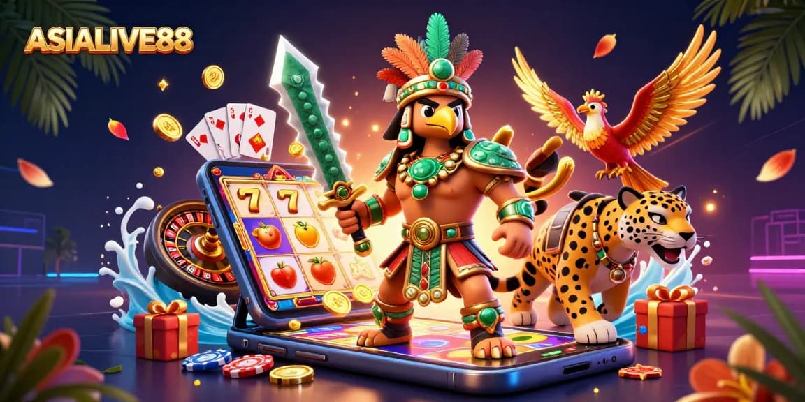 Engage with ASIALIVE88 slot games, featuring an Aztec warrior, golden coins, and vibrant game elements.