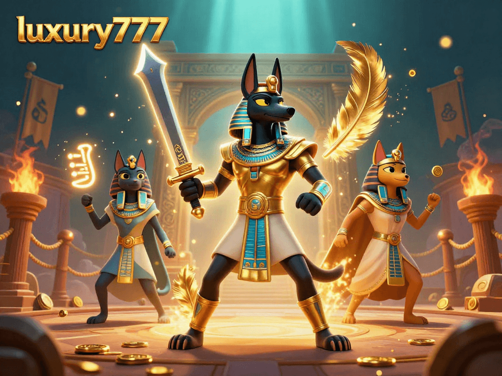 Mainan kasino luxury777 dengan karakter Anubis dan Bastet dalam arena pertarungan.