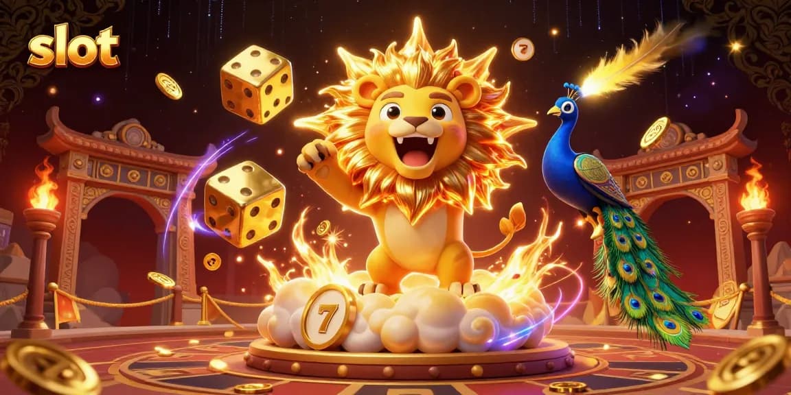 Experience thrilling slot action with golden lions and cosmic dice in this vibrant 3D illustration.