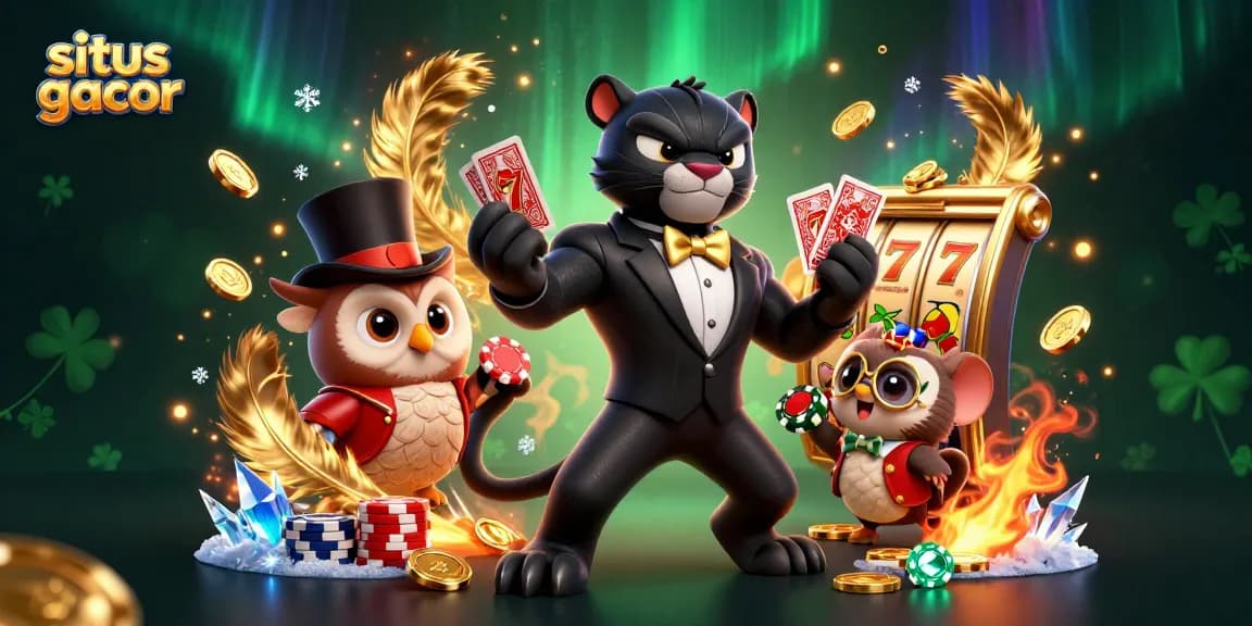 Slot gacor sedang dimainkan dengan panther stylish dan owl cerdas yang membawa chip poker.