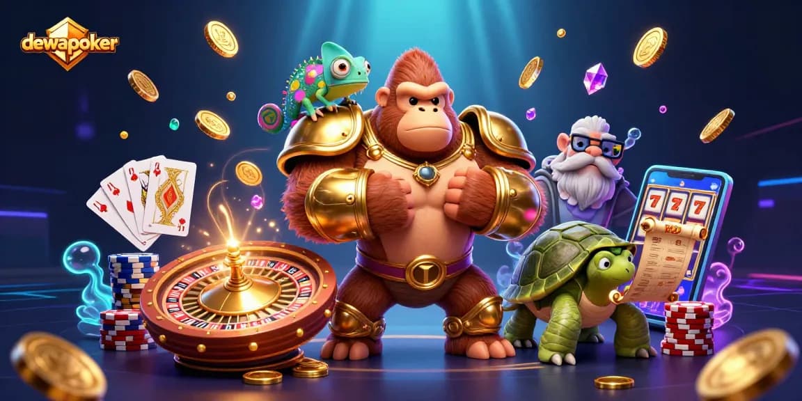 Dewapoker menghadirkan raja gorila bertenaga dan makhluk lainnya dalam ilustrasi kasino, dengan koin emas bertebaran.