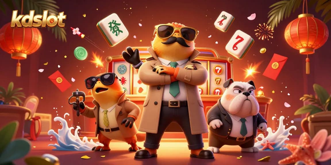 Engage with kdslot in a vibrant casino scene featuring raptors in a trench coat.