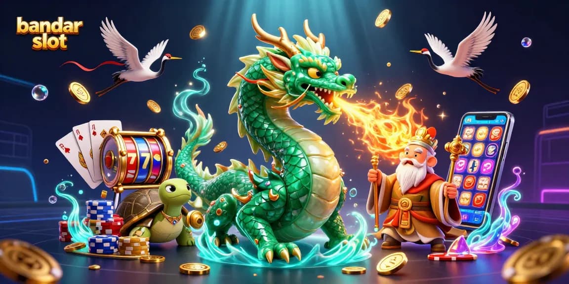 Bandar slot dengan karakter naga dan koin emas yang berkilau di sekitarnya.