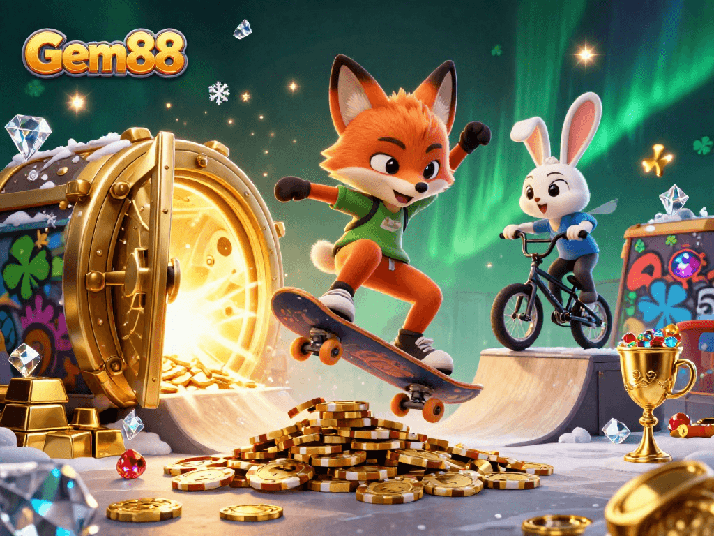 Experience Gem88 action with a vibrant 3D illustration showing a skateboarder fox and BMX rabbit in a casino setting.