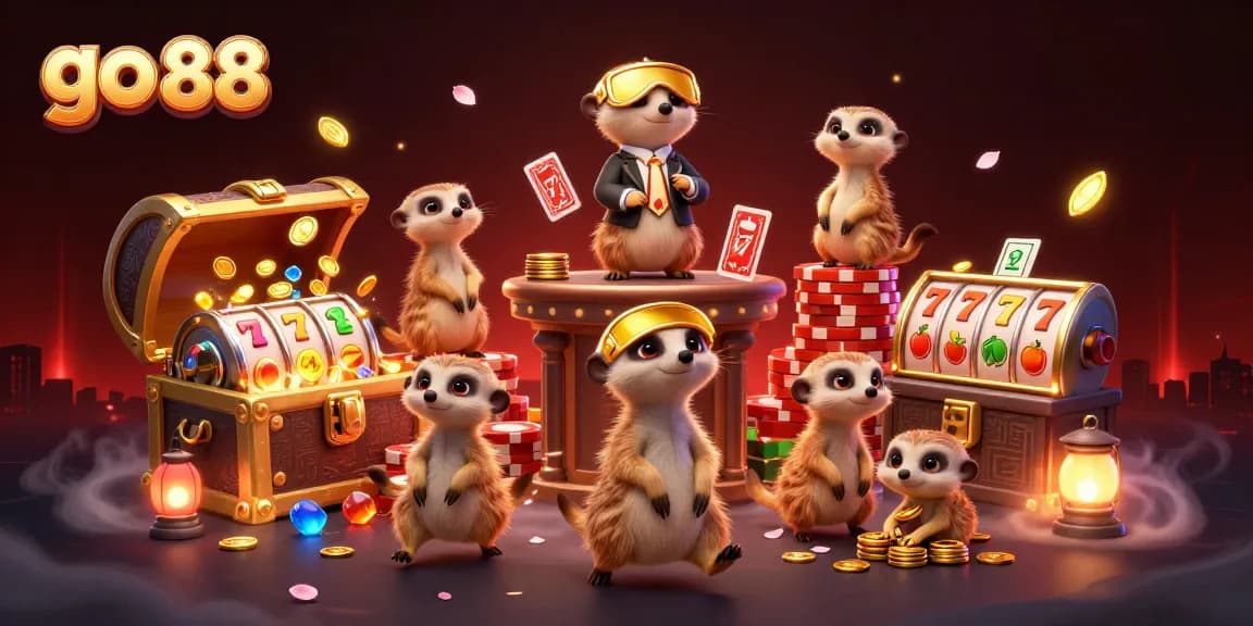 Experience excitement at go 88 with meerkats managing an animated casino, showcasing vibrant game elements.