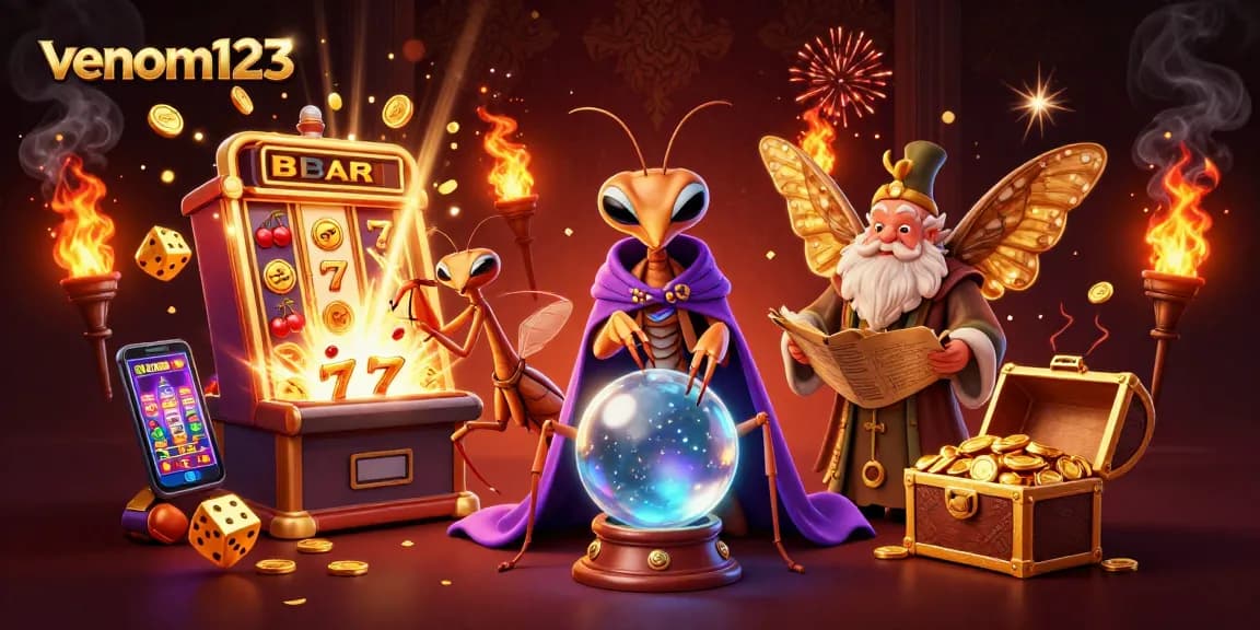 Menangkan jackpot di venom123 dengan mesin slot 3D yang mengeluarkan koin dan simbol keberuntungan.