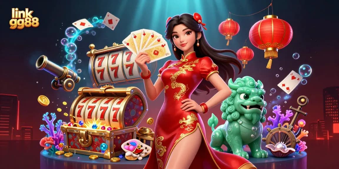 Engage in thrilling gaming action at link gg88, featuring a woman in a qipao, treasure, and vibrant casino elements.