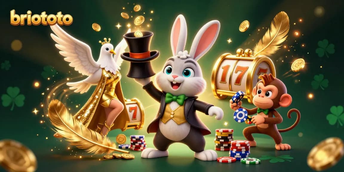 Briototo unveils a thrilling casino scene with a magician rabbit, dove, and monkey amidst vibrant gaming elements.