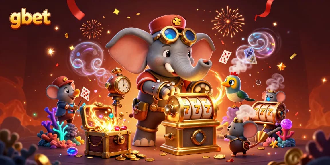 gbet players enjoy vibrant slot machine action surrounded by treasures and game elements.