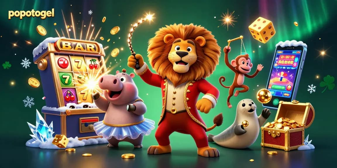 Win big with popotogel among vibrant circus-themed casino characters and exciting game elements.
