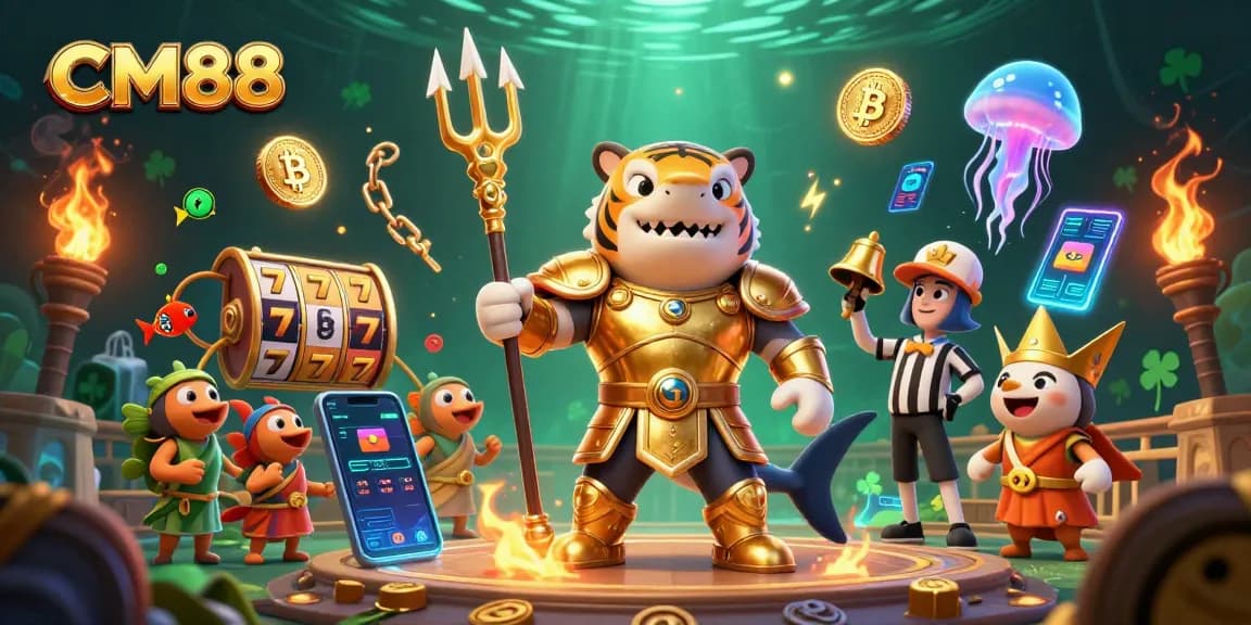 Experience the thrilling slot game atmosphere at CM88 with a golden shark gladiator and vibrant elements.