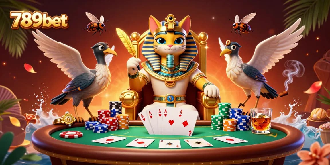 Experience high-stakes gameplay with 789bet's vibrant casino scene featuring a pharaoh cat and poker elements.