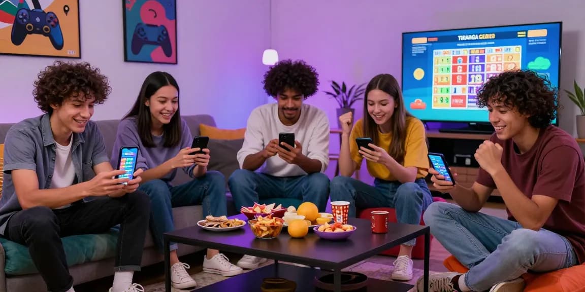 Friends enjoying Tiranga Games on mobile devices in a vibrant living room, celebrating their color prediction games.
