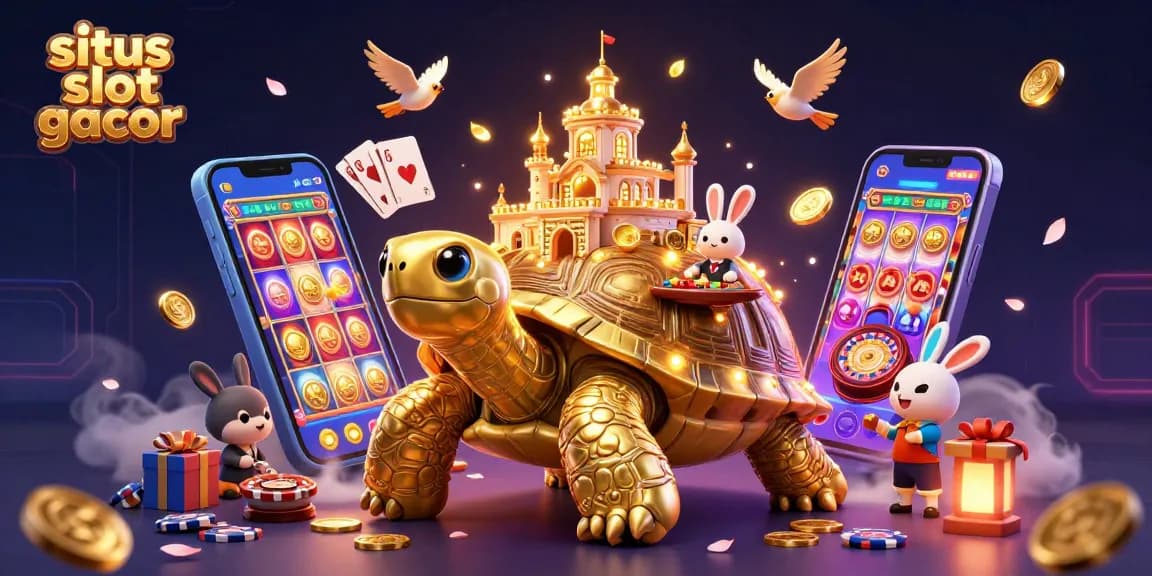 Visualisasi menarik situs slot gacor dengan simbol permainan kasino dan karakter unik dalam desain 3D.
