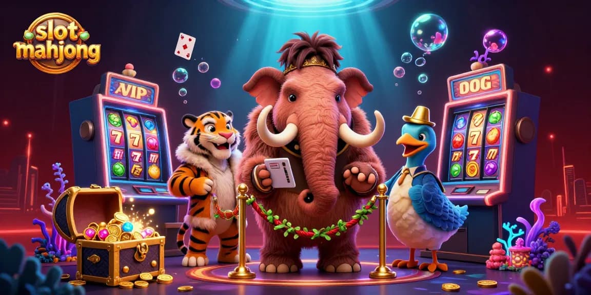 Experience the excitement of slot mahjong with a vibrant scene featuring casino characters and dynamic gaming elements.