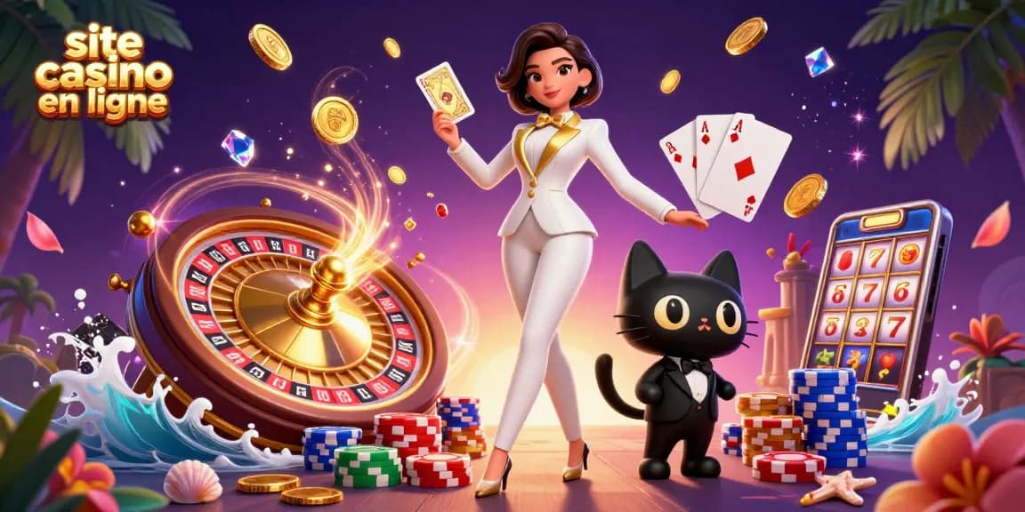Play thrilling games at site casino en ligne with a glamorous scene featuring cards and casino elements.