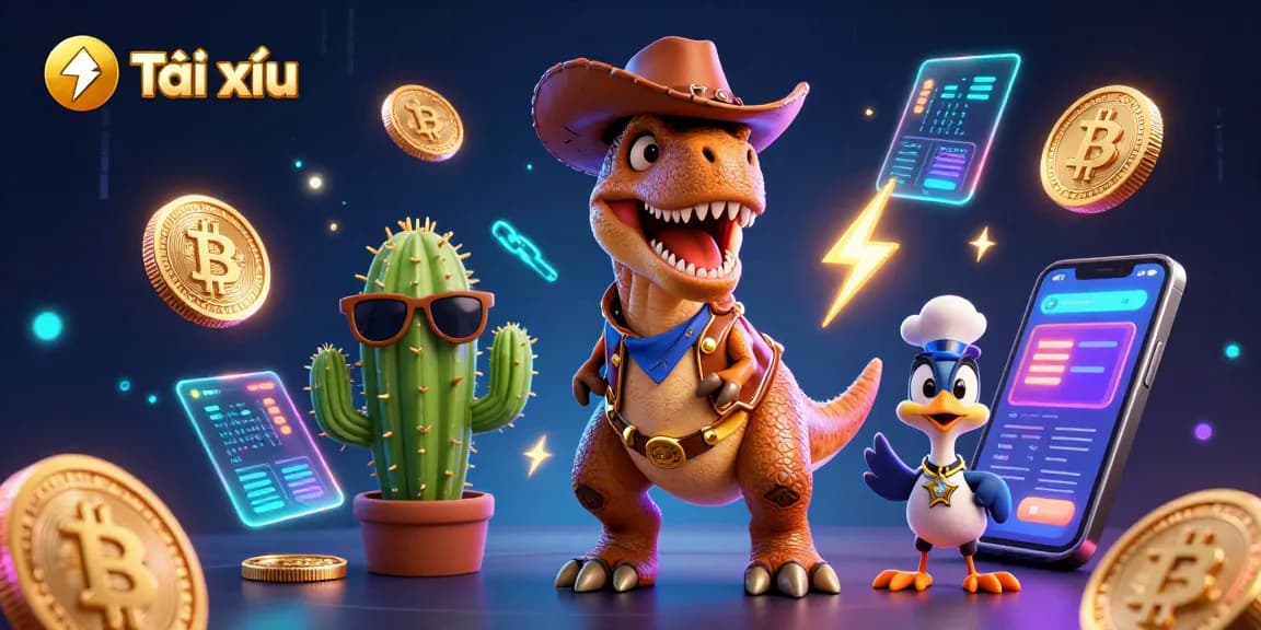 Engage in Tài xỉu gaming with a vibrant 3D scene featuring dynamic characters and glowing crypto elements.