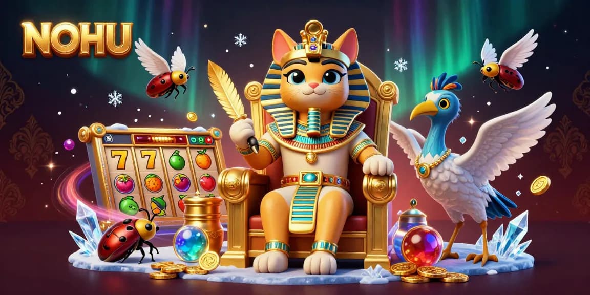Engage with NOHU at a vibrant casino scene filled with Egyptian-themed slot elements.