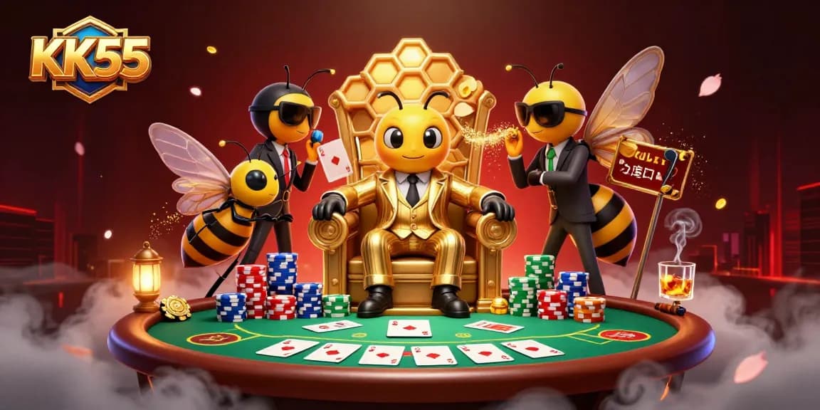 Play thrilling games at KK55 with a vibrant casino scene featuring poker action and exciting characters.