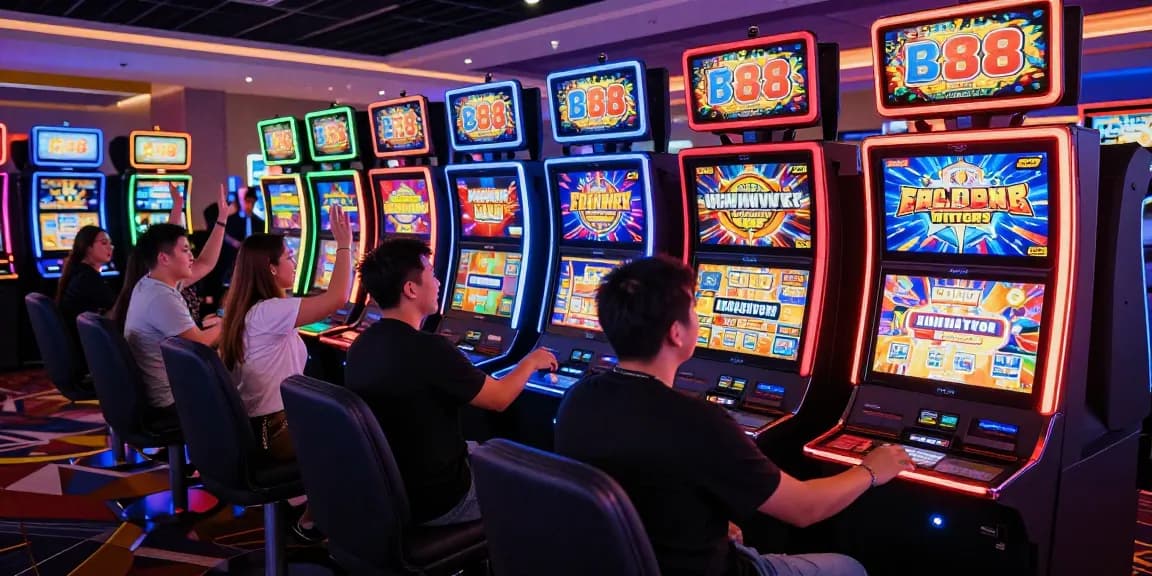 Pengunjung bermain slot88 dengan penuh semangat dan keceriaan di kasino yang ramai.