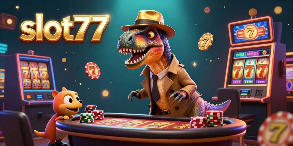 Engage with slot77 slot games featuring a cartoon velociraptor at a machine, surrounded by dynamic casino elements.