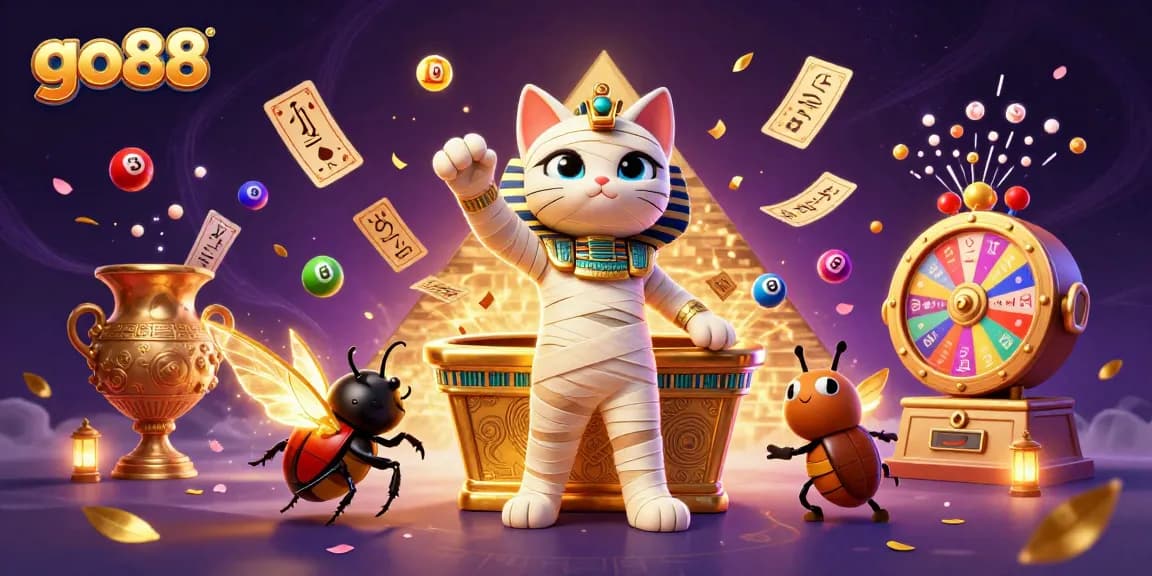Join the gaming adventure with go88 featuring an Egyptian kitty and vibrant casino elements!