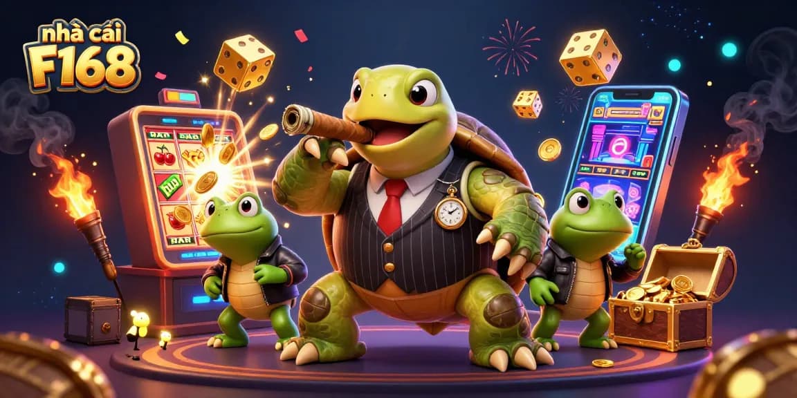 Experience exciting games at nhà cái F168 with a vibrant casino scene featuring unique characters.