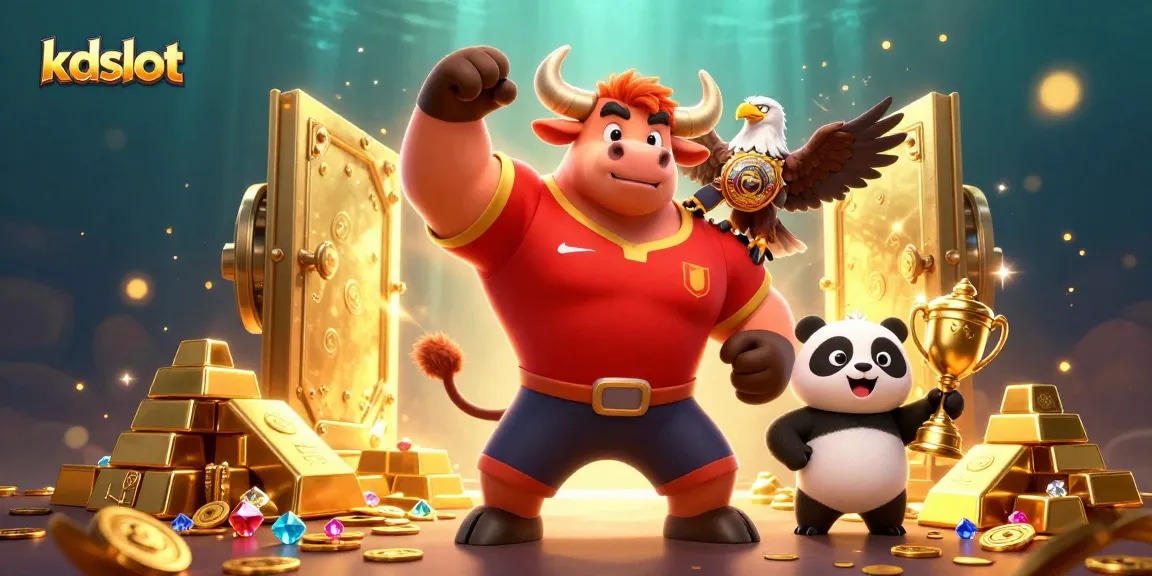 Boost your chances with kdslot as a muscular bull celebrates victory among gems and treasures.