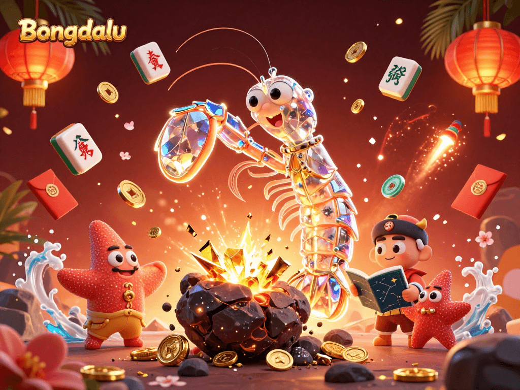 Experience the thrill of Bongdalu with our galactic samurai mantis shrimp amidst treasure and gems.