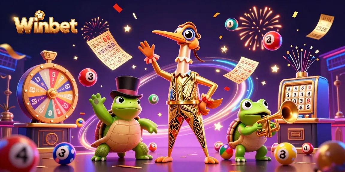 Winbet showcases a lively casino scene with a cartoon crane, turtle, and frog celebrating amidst colorful gambling elements.