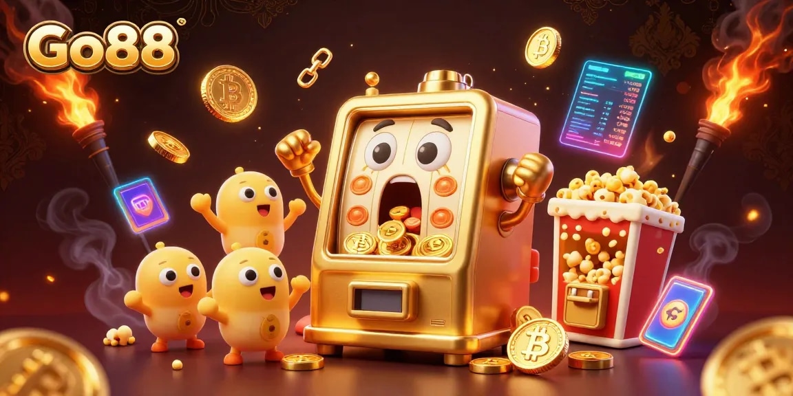 Celebrate big wins at Go88 with a lively scene of a golden slot machine and cheering friends.