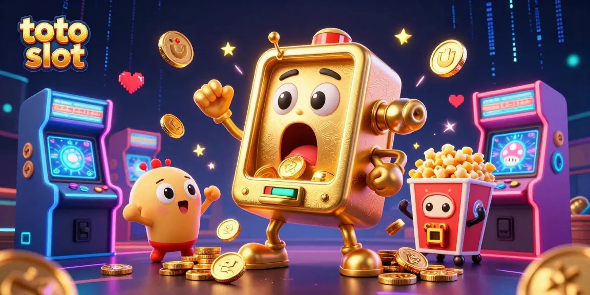Spin the jackpot with the lively toto slot machine in a vibrant gaming arcade scene