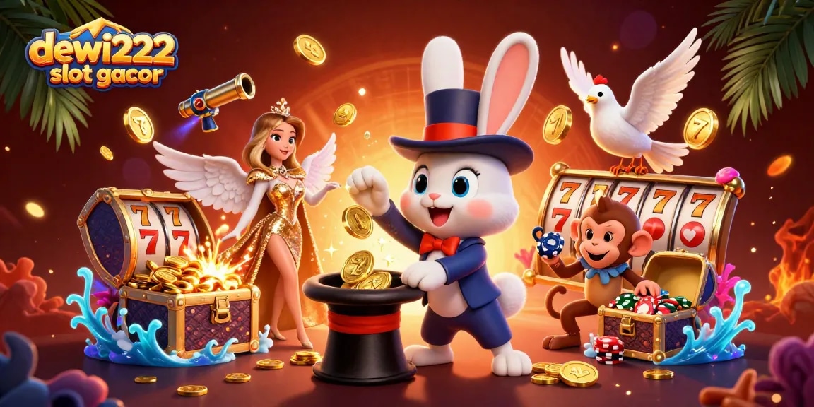 Uncover dewi222 slot gacor magic with a captivating 3D scene featuring a magician and vibrant casino elements.