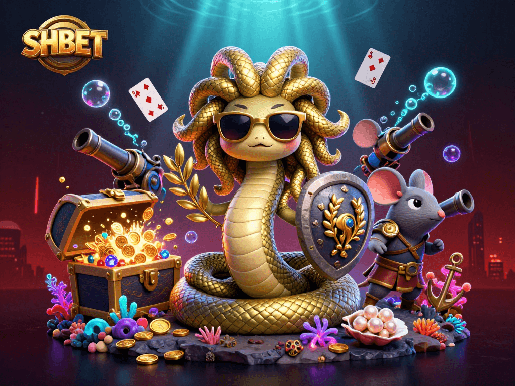 Engage with SHBET's dynamic 3D scene showcasing gaming excitement and Greek themes.