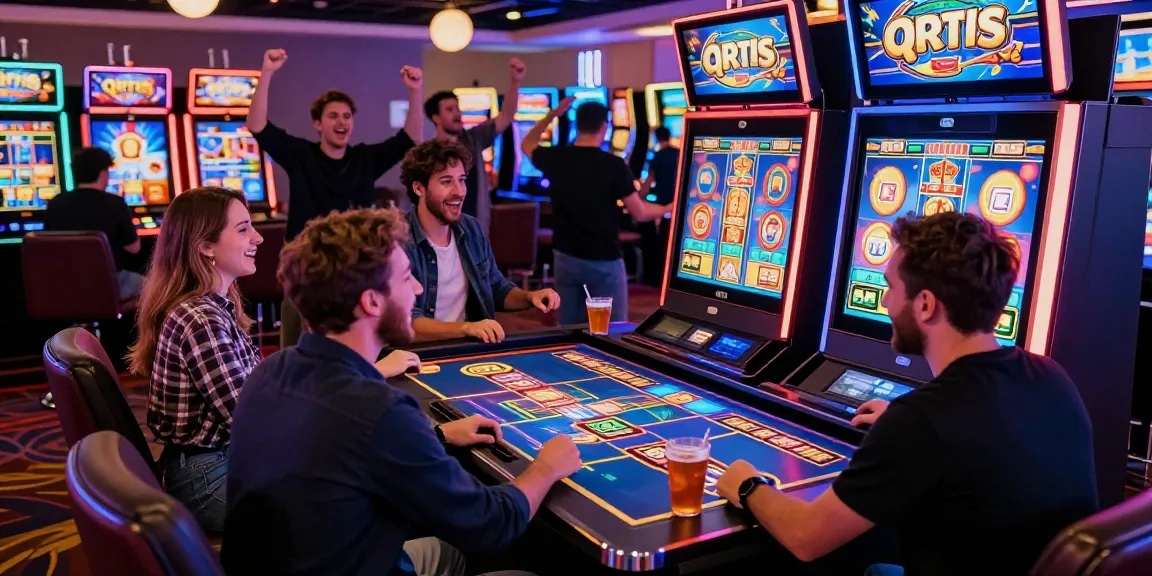 Engaged friends celebrating at a qris slot machine in a lively casino.