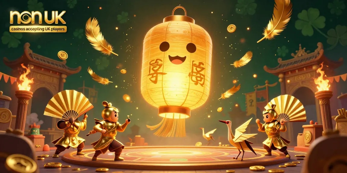 Engage with non UK casinos accepting UK players in a vibrant 3D casino scene featuring golden lanterns and lucky symbols.