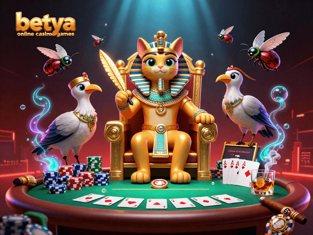 Experience the excitement of betya online casino games with an entertaining scene featuring poker elements and vibrant characters.