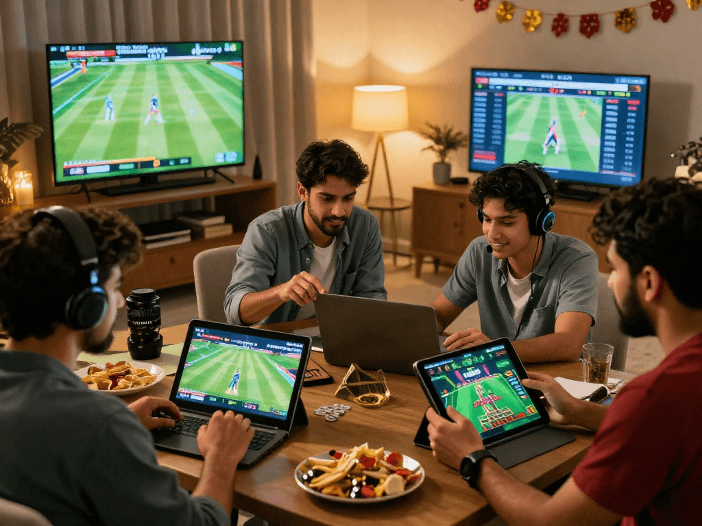 Engaged players placing bets on FairPlay id in a lively home setting during a cricket tournament
