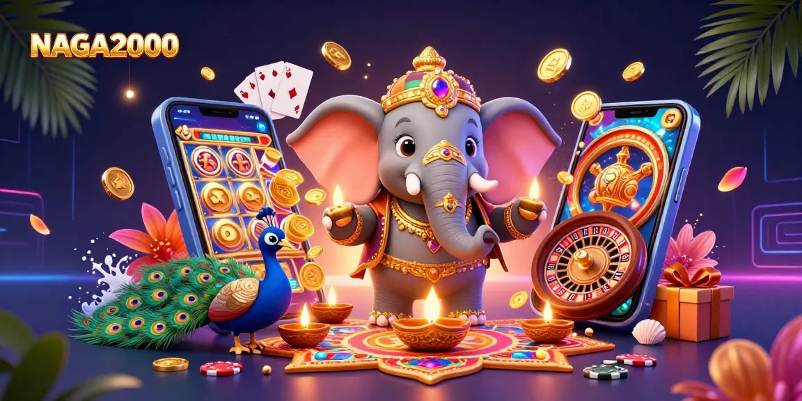 NAGA2000 menampilkan aksi permainan slot yang cerah dengan gajah dan merak meriah di sebuah scene kasino yang berwarna-warni.