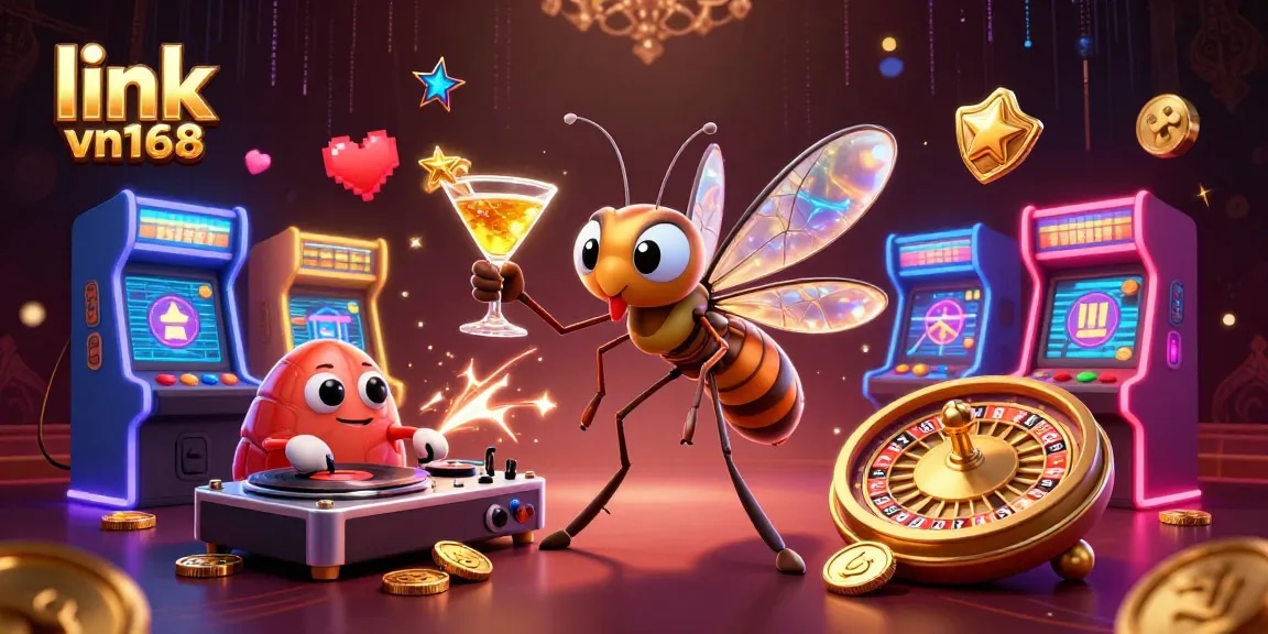 Win big at link vn168 with a dynamic casino scene featuring vibrant characters and gaming elements.