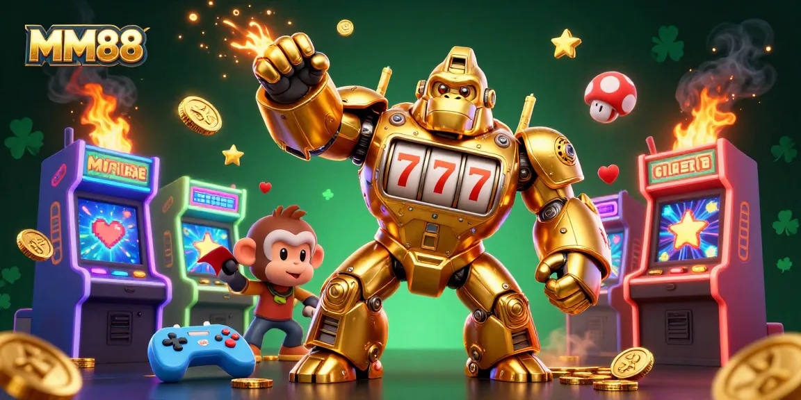 Winning big at MM88 with thrilling games and animated golden gorilla mech in a vibrant casino setting.
