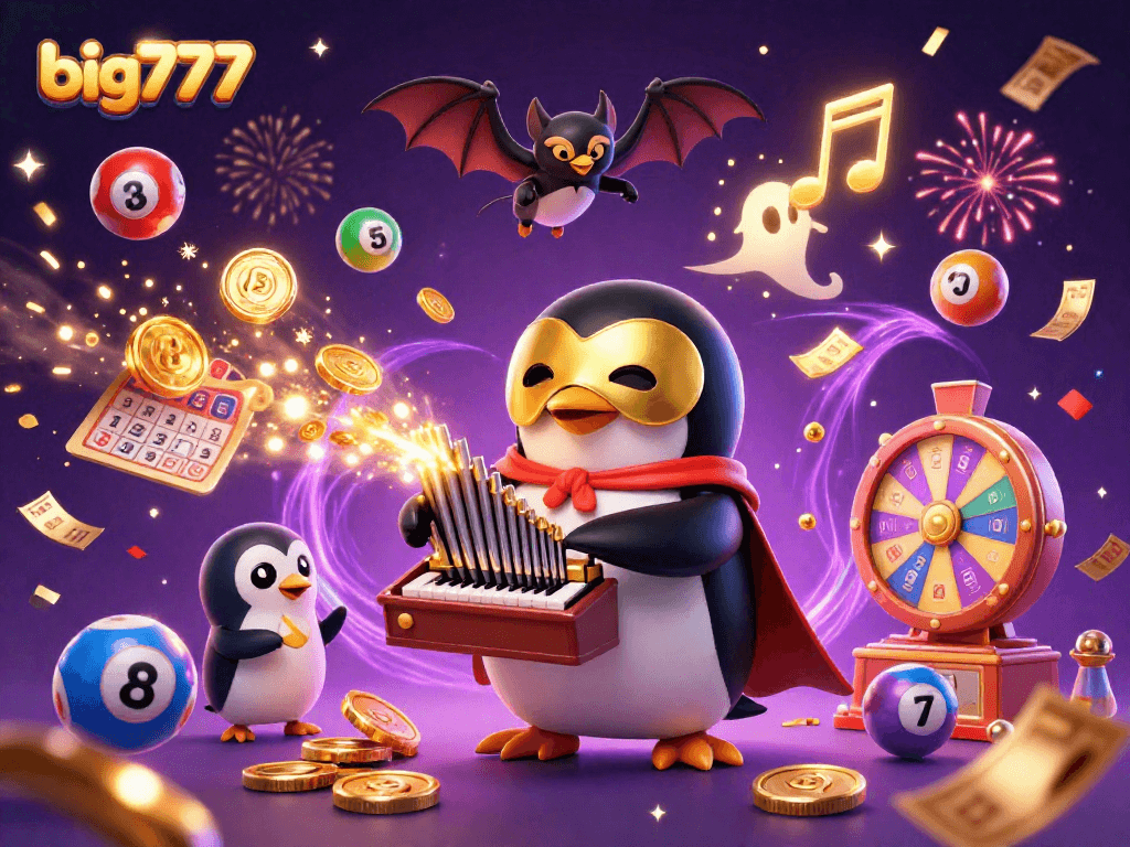 Engage with big777's vibrant casino adventure featuring a playful penguin and acrobat.