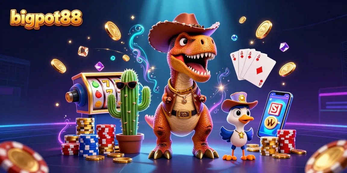 Play bigpot88 for exciting casino moments with slot machines and cartoon characters in a vibrant scene.