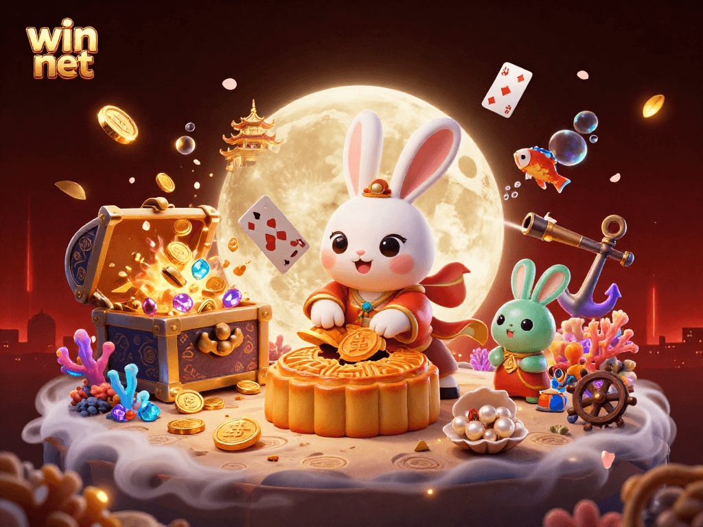 Experience the magic of win net with the moon rabbit and poker chips in a vibrant casino scene.