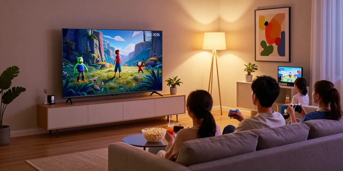 Cozy living room with a stylish OLED TV 2026 and family enjoying movie night in a warm atmosphere.