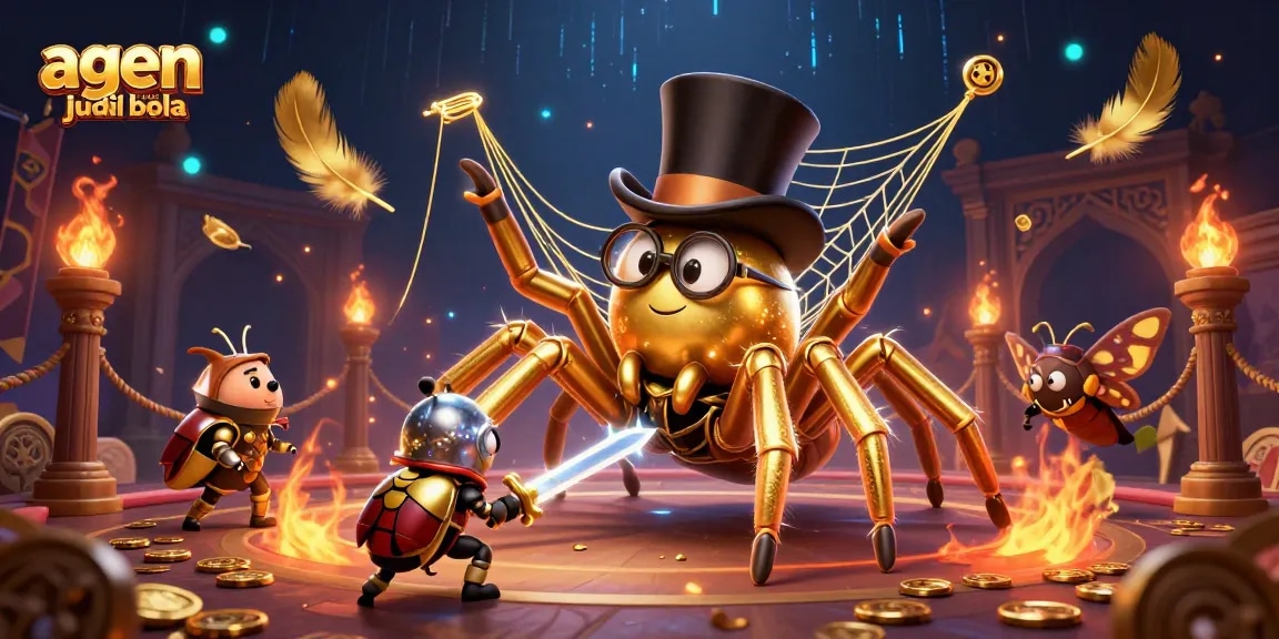 Betting arena featuring agen situs judi bola with a golden tarantula and beetle knight amidst thrilling casino elements.