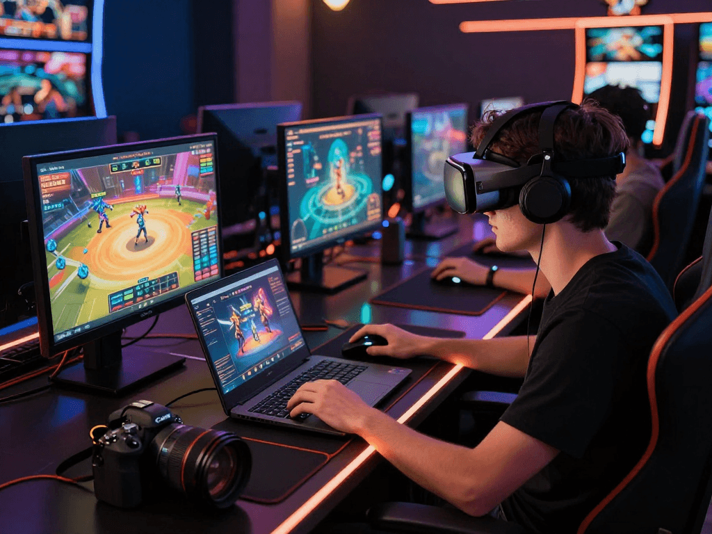 Engaging with FairPlay id on laptop in a vibrant digital casino setting