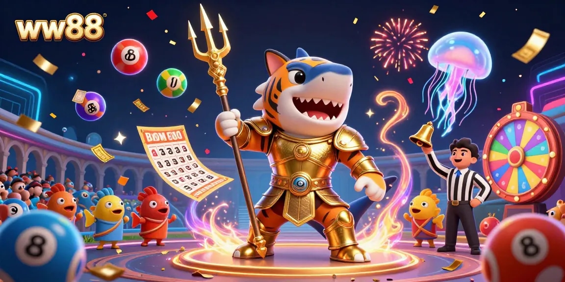 Experience the dynamic excitement of ww88, showcasing a thrilling underwater casino scene with a gladiator shark and vibrant game elements.